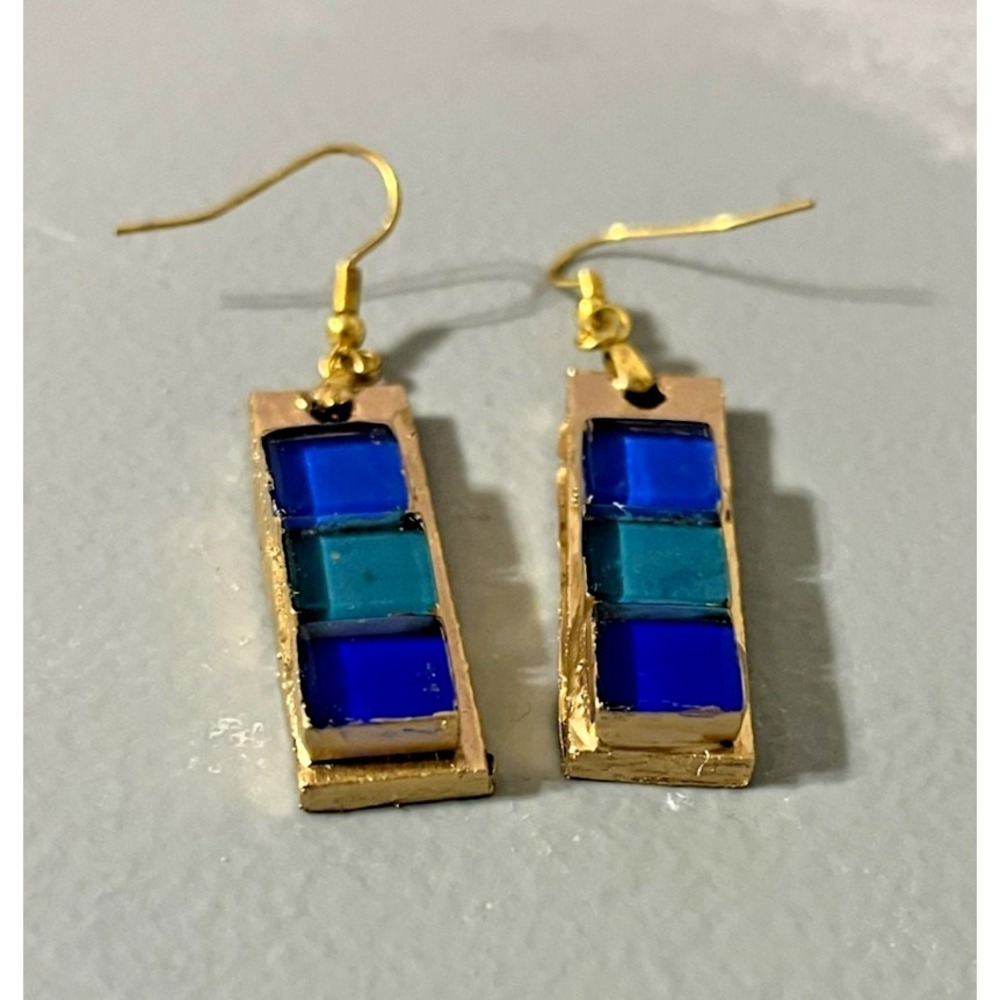 Handmade Mosaic Glass Tile Cobalt Blue Teal Gold Dangle‎ Earrings Artisan Boho - Picture 2 of 5